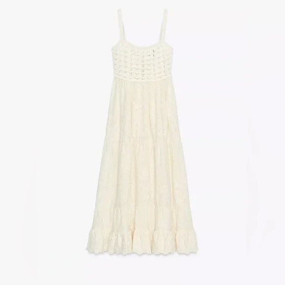 Zara Contrasting Embroidered Knit Dress Cotton Blend Tie Back NWT L Cottagecore - Picture 5 of 13